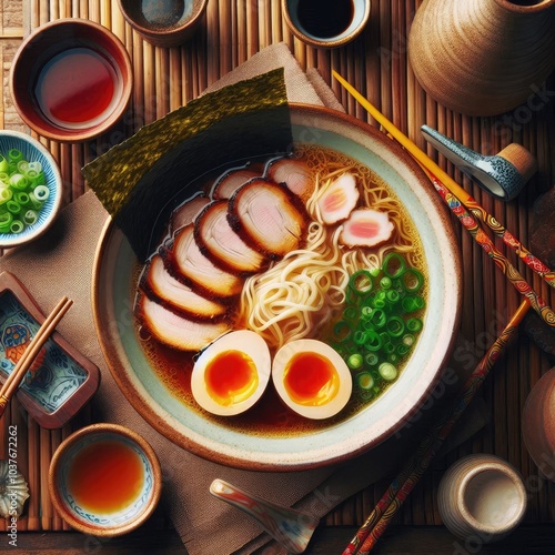 Wallpaper Mural a bowl of ramen, showcasing rich broth with golden-brown chashu pork, halved soft-boiled eggs with runny yolks, and a sprinkle of green onions. Include a piece of nori for added texture. ai Torontodigital.ca