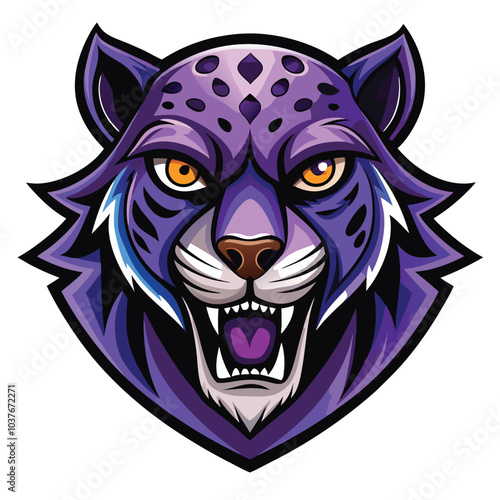Purple Feline Mascot Head Roaring Fiercely