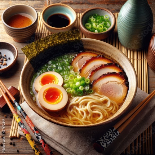 Wallpaper Mural a bowl of ramen, showcasing rich broth with golden-brown chashu pork, halved soft-boiled eggs with runny yolks, and a sprinkle of green onions. Include a piece of nori for added texture. ai Torontodigital.ca