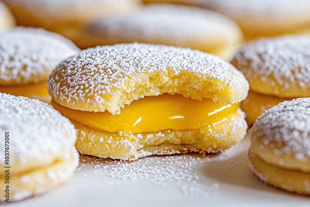 A close-up image of sugar-dusted cookies filled with a tangy lemon curd, the bright yellow cookie opened to reveal a silky lemon filling oozing out A close-up image of sugar-dusted cookies filled with a tangy lemon curd, the bright yellow cookie opened to reveal a silky lemon filling oozing out