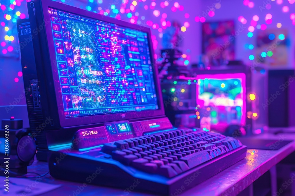Closeup of a Gaming Keyboard with a Monitor and Tower in a Neon Room Closeup of a Gaming Keyboard with a Monitor and Tower in a Neon Room