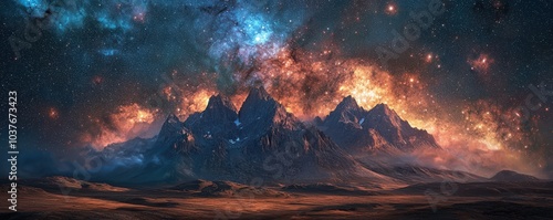 Wallpaper Mural A surreal landscape with a towering mountain range beneath a vibrant, starry sky creates a dreamlike scene of ethereal beauty and mystery. Torontodigital.ca