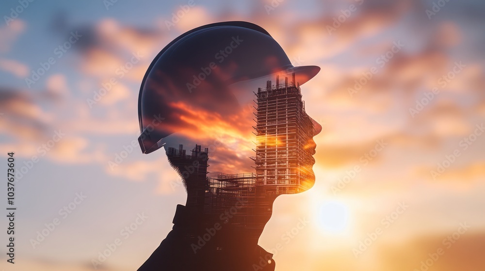 Construction Dreams: A Silhouette of a Worker with a Building in Their Head Construction Dreams: A Silhouette of a Worker with a Building in Their Head