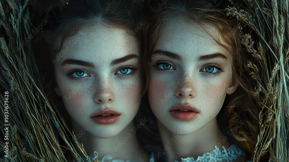 Twin Sisters with Blue Eyes in a Field of Grass Twin Sisters with Blue Eyes in a Field of Grass