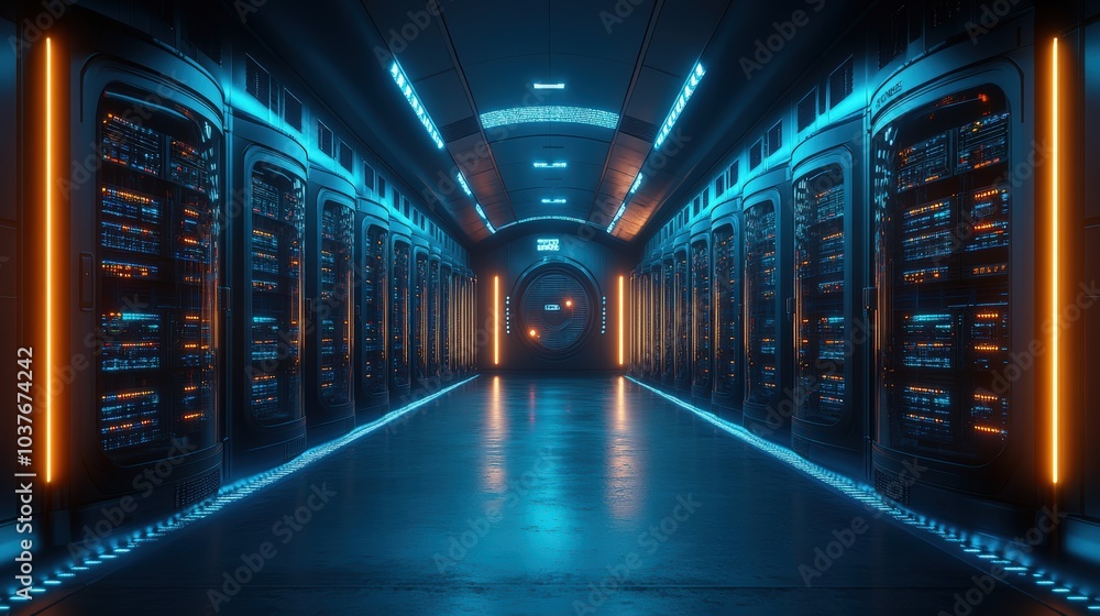 A wide-angle view of an advanced data center featuring rows of high-performance servers and intricate cabling systems, A wide-angle view of an advanced data center featuring rows of high-performance servers and intricate cabling systems,