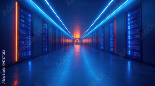 A wide-angle view of an advanced data center featuring rows of high-performance servers and intricate cabling systems,