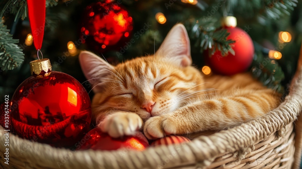 Obraz premium Basket of Christmas Joy, Cozy Cat Christmas. Concept of holiday cheer, pet companionship, cozy atmosphere, festive spirit.