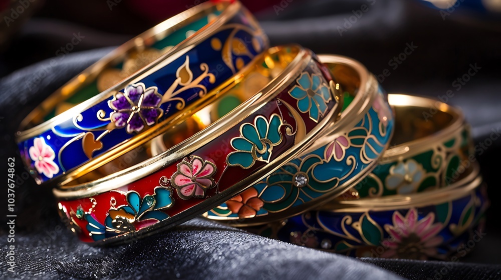 A set of delicate cloisonné enamel bracelets with vibrant colors and intricate patterns resting beautifully on a dark velvet surface showcasing the elegance of handcrafted jewelry A set of delicate cloisonné enamel bracelets with vibrant colors and intricate patterns resting beautifully on a dark velvet surface showcasing the elegance of handcrafted jewelry