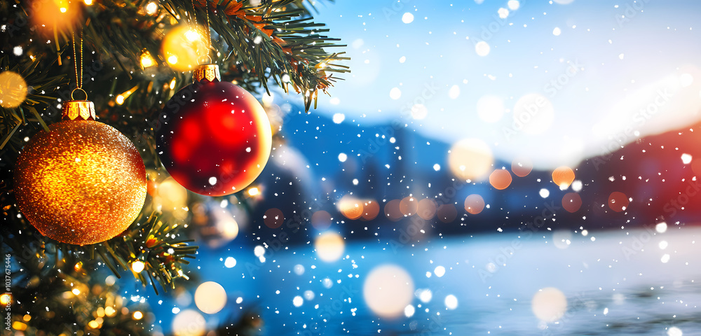 A decorated Christmas tree with hanging ornaments. A decorated Christmas tree with hanging ornaments.
