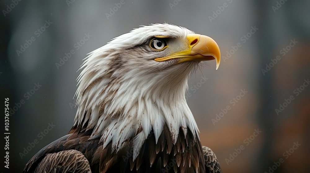 Obraz premium Close-up portrait of a majestic bald eagle with a sharp gaze, showcasing its striking white head and yellow beak against a blurred forest background.