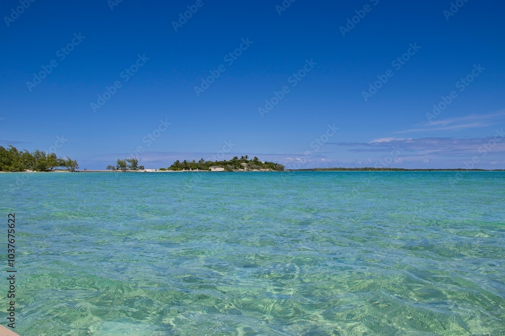 Fototapeta premium Splashing in crystal clear waters off the coast of Exuma, Bahamas