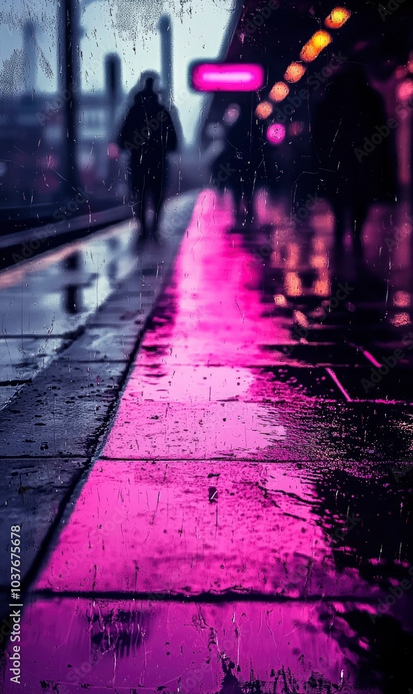 Pink Neon Reflection on Wet Pavement Pink Neon Reflection on Wet Pavement