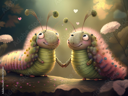caterpillars in love, holding hands