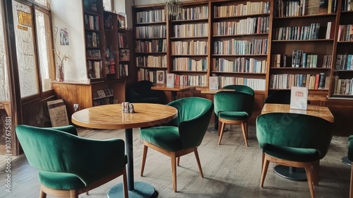 Rahva Raamat Bookstore Cafe. Wooden tables and velvet green seats provide a cozy ambiance. photo