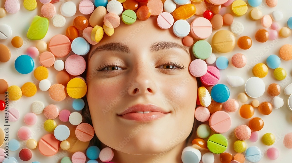 Woman Surrounded by Colorful Pills Woman Surrounded by Colorful Pills