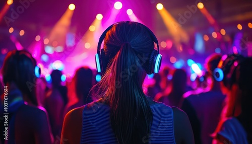 Attendees at a summer music festival enjoy a silent disco with vibrant headphones; a modern party scene.
