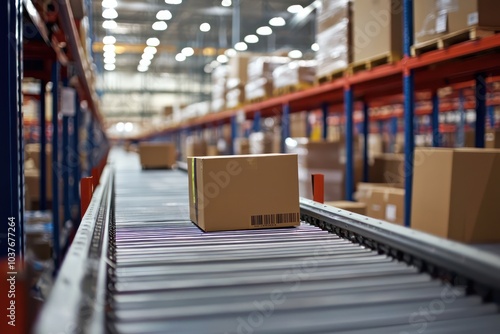 Automated E-Commerce Logistics Process in Warehouse with Conveyor Belt and Packages