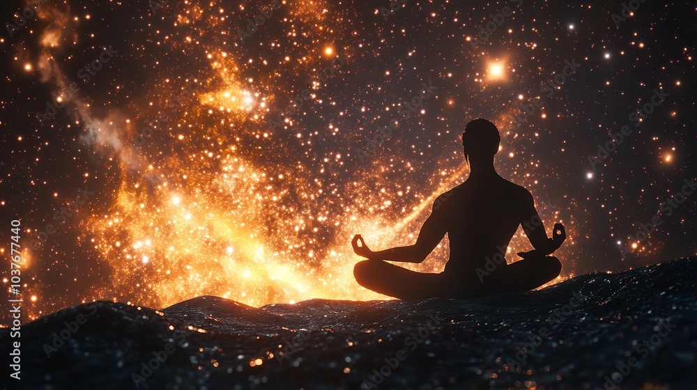 A Glowing Figure Meditating in Space Surrounded by Beautiful Cosmic Patterns and Floating Lights A Glowing Figure Meditating in Space Surrounded by Beautiful Cosmic Patterns and Floating Lights