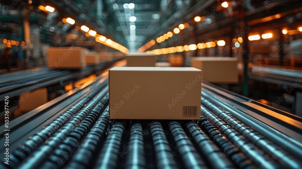 Boxes on a Conveyor Belt in a Warehouse Setting, Illustrating the Efficiency of Logistics and Warehouse Operations Boxes on a Conveyor Belt in a Warehouse Setting, Illustrating the Efficiency of Logistics and Warehouse Operations