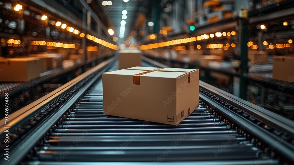 Boxes on a Conveyor Belt in a Warehouse Setting, Illustrating the Efficiency of Logistics and Warehouse Operations Boxes on a Conveyor Belt in a Warehouse Setting, Illustrating the Efficiency of Logistics and Warehouse Operations