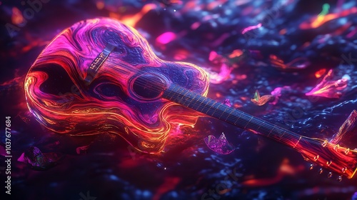 A Glowing Guitar Floating in Mid-Air, Strumming Itself in a Colorful, Electric Atmosphere