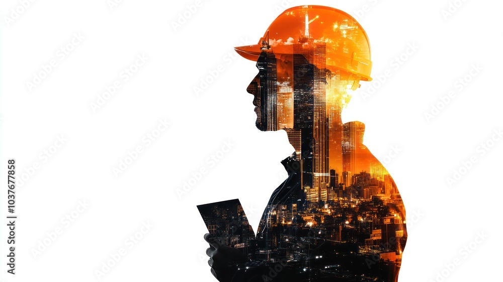 Construction Worker with City Skyline Overlay Construction Worker with City Skyline Overlay