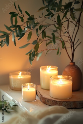 Beautifully scented candles arranged to enhance ambiance; perfect for creating a soothing environment.