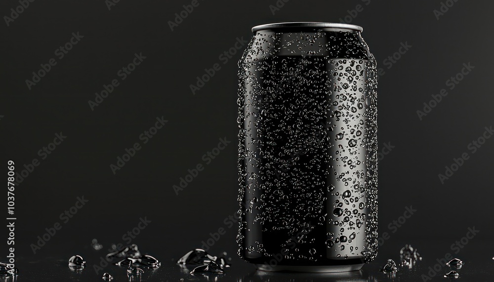 Blank black aluminum 330 ml soda can with water drops and splash effect; a sleek and modern product mockup. Blank black aluminum 330 ml soda can with water drops and splash effect; a sleek and modern product mockup.