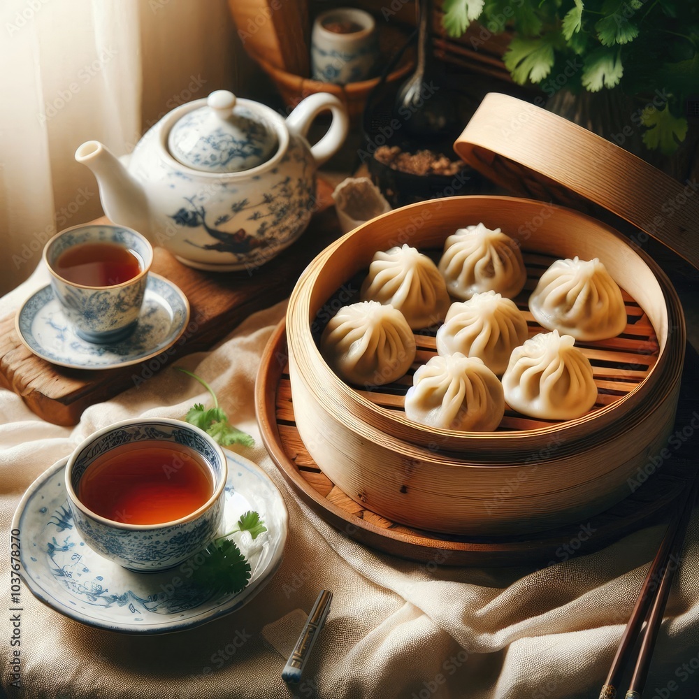 a bamboo steamer filled with beautifully presented hot dumplings. Include a delicate porcelain plate, a glass of rich tea beside it. ai a bamboo steamer filled with beautifully presented hot dumplings. Include a delicate porcelain plate, a glass of rich tea beside it. ai