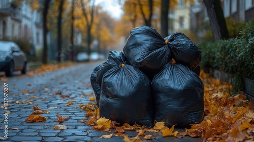 Garbage Bags Piled on a City Street During Autumn Amidst Fallen Leaves 