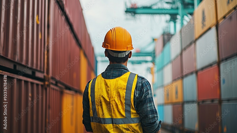 A dockworker loading containers onto a ship, showing the physical demands of blue-collar labor in logistics A dockworker loading containers onto a ship, showing the physical demands of blue-collar labor in logistics
