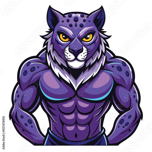 Muscular Purple Leopard Mascot Cartoon Illustration