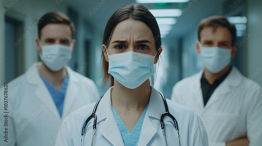 Concerned Medical Professionals Wearing Face Masks in Hospital Corridor Concerned Medical Professionals Wearing Face Masks in Hospital Corridor