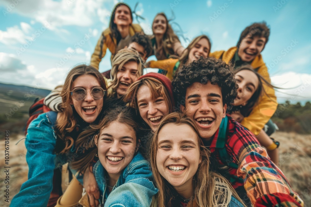 Group of friends on a hike in nature. Group of young people having fun outdoors. Group of friends on a hike in nature. Group of young people having fun outdoors.