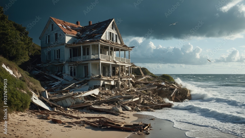 A coastal house is left in ruins after a devastating storm A coastal house is left in ruins after a devastating storm