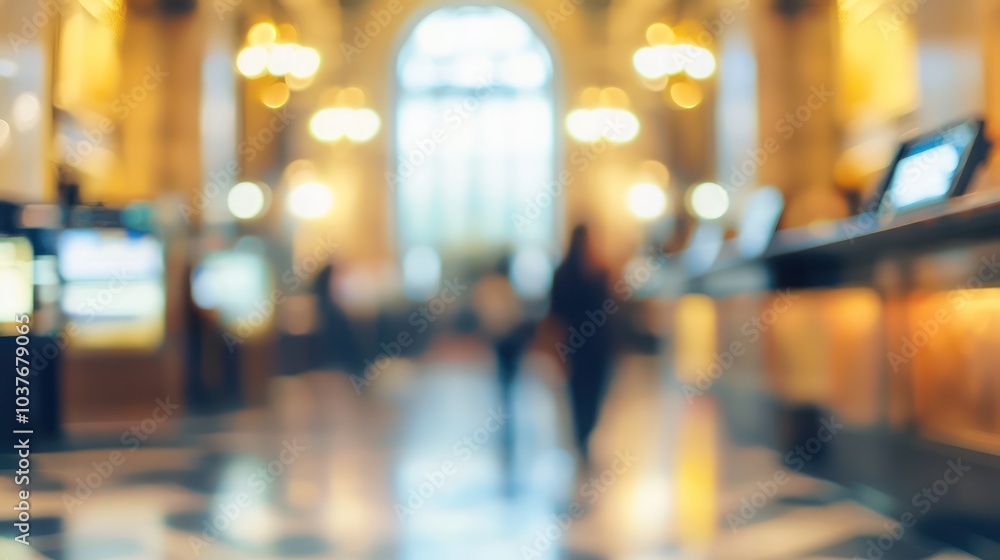 Fototapeta premium Blurred Bokeh Effect in Busy Banking Hall with Customer Interactions at Teller Windows