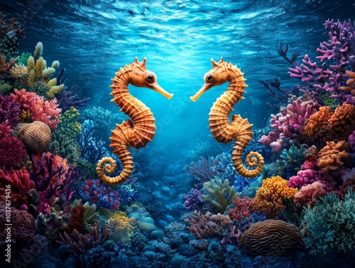 Seahorses Gracefully Floating in Vibrant Underwater Scene