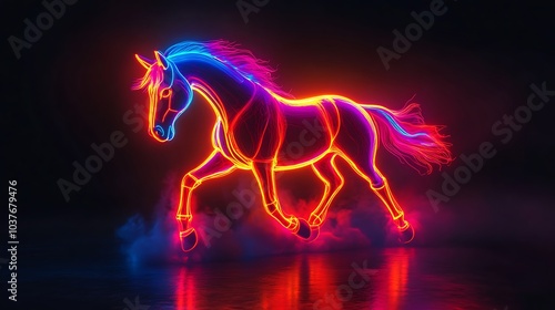 Glowing neon horse galloping with glowing mane against black background photo