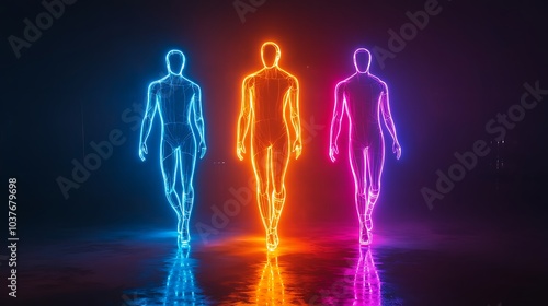 Realistic illustration of a human group silhouette in vibrant neon light