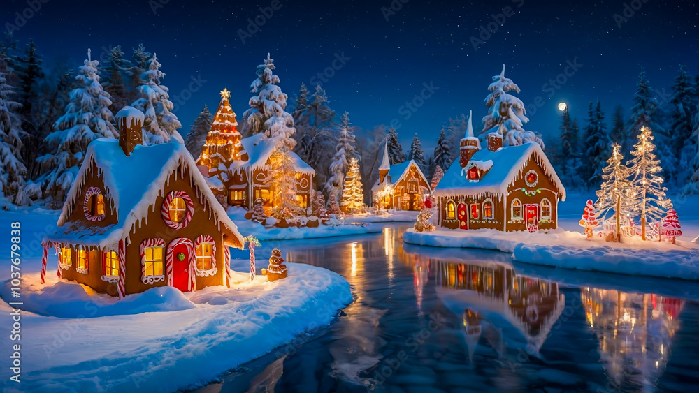 Obraz premium AI-generated image of a winter wonderland of Christmas spirits, where gingerbread houses candy cane trees, and chocolate river come to life