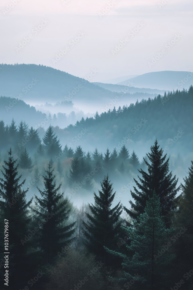 Beautiful landscape of green misty forest Beautiful landscape of green misty forest