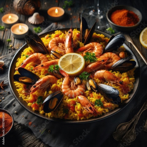 A beautifully arranged dish of seafood paella, featuring plump shrimp and glossy mussels atop vibrant saffron-infused rice. The paella is garnished with fresh lemon wedges and a sprinkle of cilantro. 