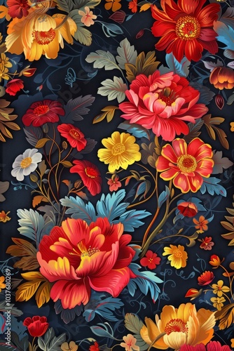  Vibrant floral Khokhloma pattern: traditional Russian decorative art with vivid colors and intricate design photo