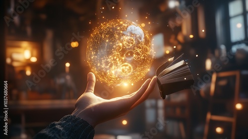 A Hand Holding a Floating Ball of Light Radiating Energy and Mystery in a Magical Setting