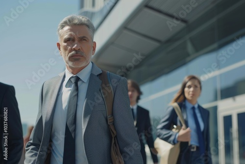 Portrait of senior businessman standing in front of modern office building.