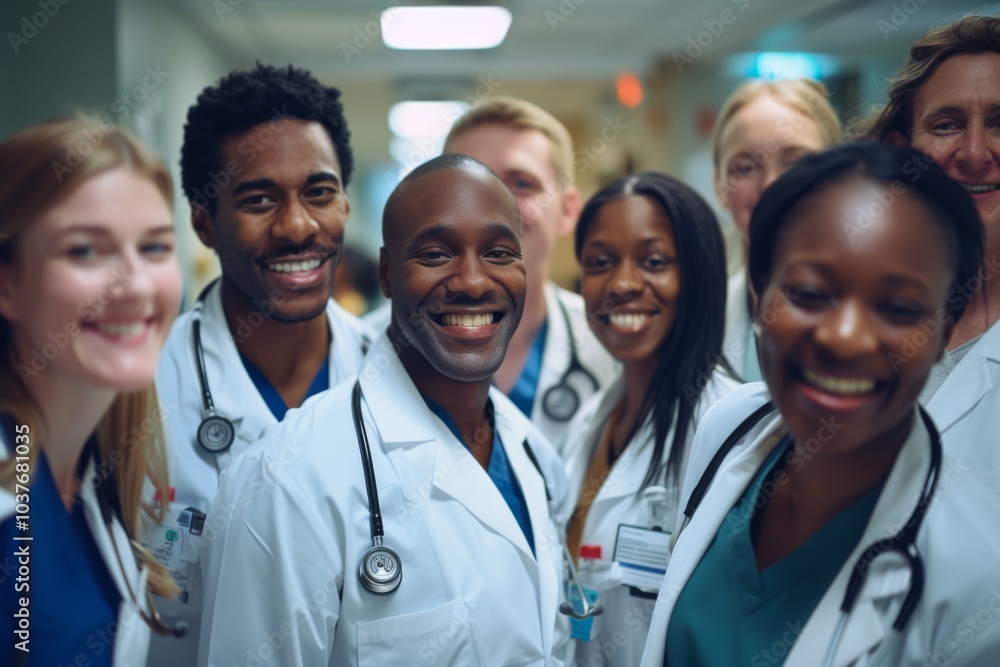 Group portrait of diverse doctors in bustling New York hospital Group portrait of diverse doctors in bustling New York hospital