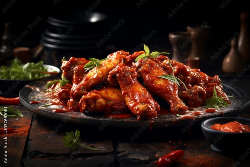 Plate of spicy buffalo chicken wings with steam rising Plate of spicy buffalo chicken wings with steam rising