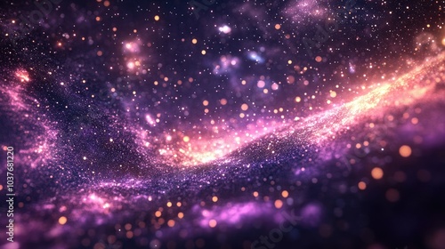 Empty cosmic background in a 3D cartoon rendering featuring a blurred dark violet sky with abstract texture defocused pink light illustration and a magical space banner in a romantic style