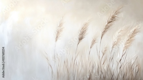 Abstract oil painting featuring soft pampas grass with a blurred bokeh effect showcasing dry reeds in a boho style against a white backdrop and fluffy winter grass stems