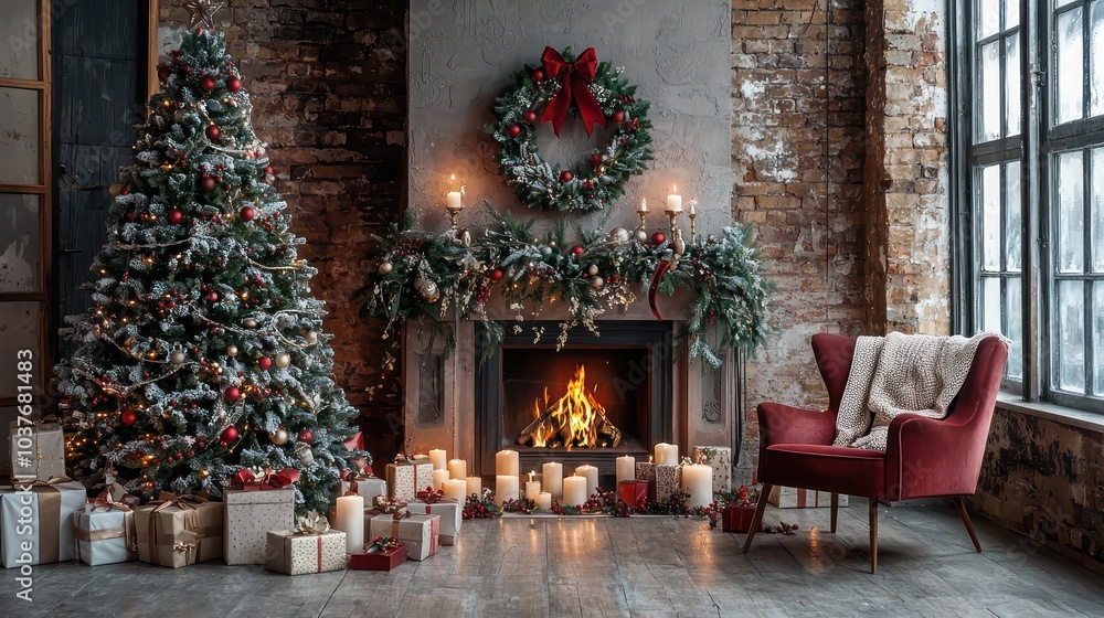 Obraz premium Christmas Interior with a Decorated Tree by a Fireplace, Featuring Wreaths, Candles, and Garland